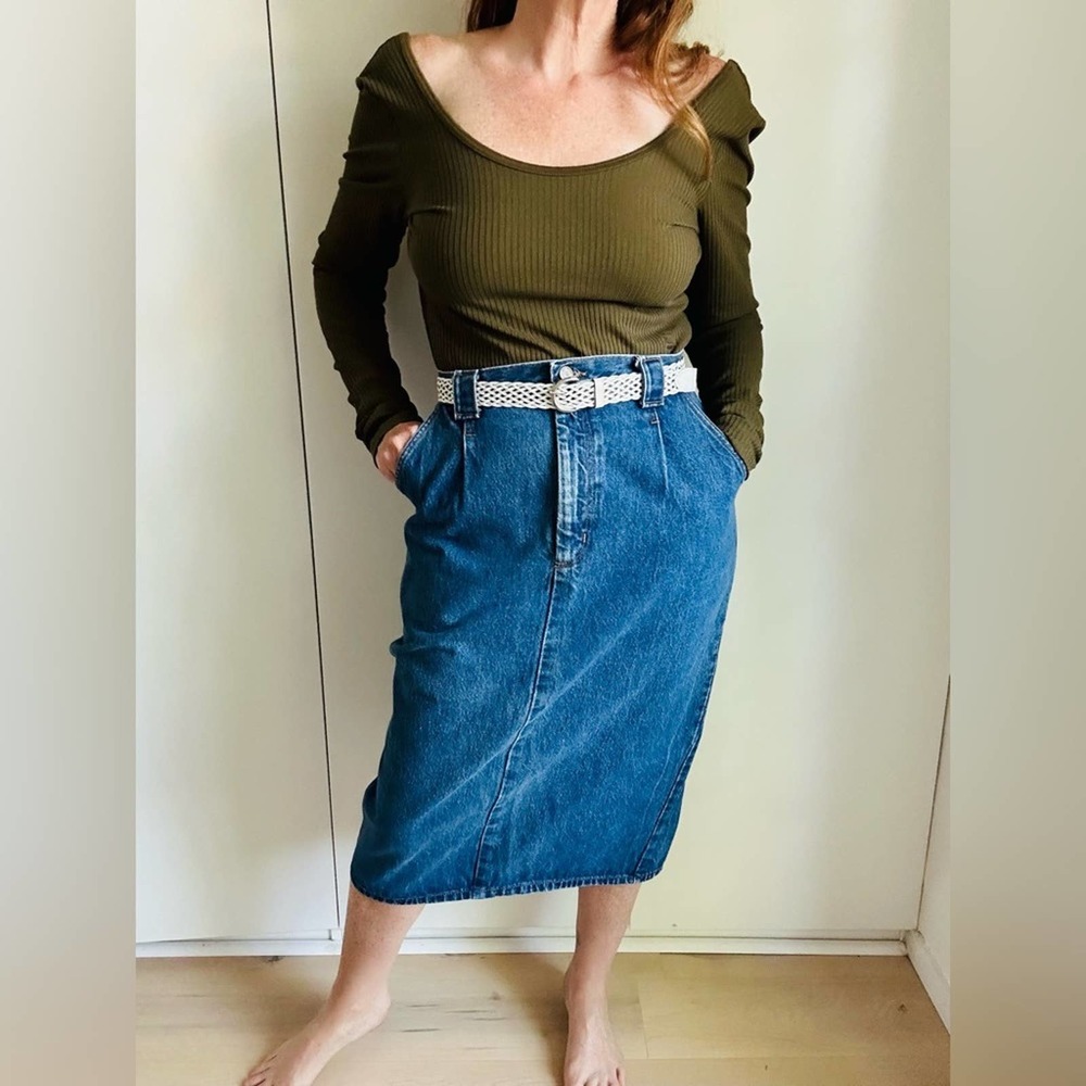 Y2K Denim Pencil Skirt Midi Length Pocket Medium wash Size 10 Made in USA - Picture 8 of 8